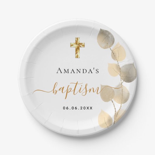Taufe Eukalyptus goldweiß elegant Pappteller (Vorderseite)