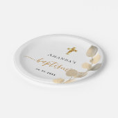Taufe Eukalyptus goldweiß elegant Pappteller (Schrägansicht)
