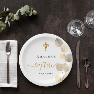 Taufe Eukalyptus goldweiß elegant Pappteller