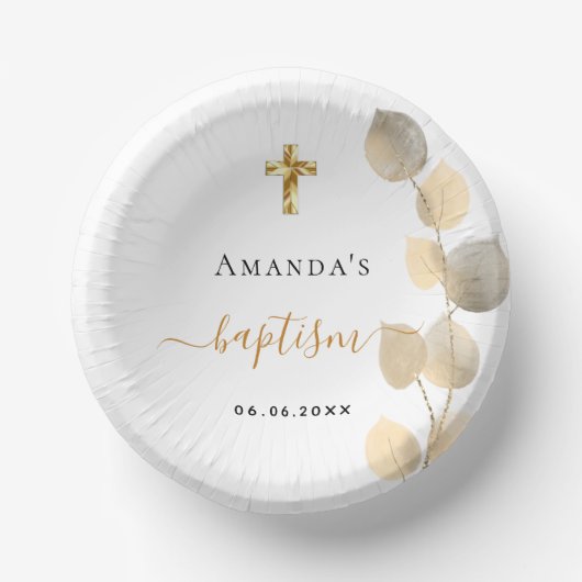 Taufe Eukalyptus goldweiß elegant Pappteller (Vorderseite)