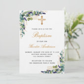 Taufe Eukalyptus Grünpflanzen Blauer Junge Luxus Einladung (Stehend Vorderseite)