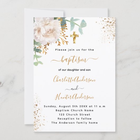 Taufe Eukalyptus Grünpflanzen Rose Goldblume Einladung (Vorderseite)