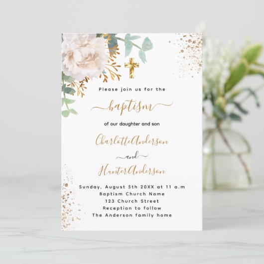 Taufe Eukalyptus Grünpflanzen Rose Goldblume Einladung (Stehend Vorderseite)