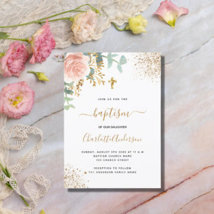 Taufe Eukalyptus Grünpflanzen Rose Goldblume Einladungspostkarte