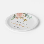 Taufe Eukalyptus rosa Blumenmädchen Rose Gold Pappteller (Schrägansicht)