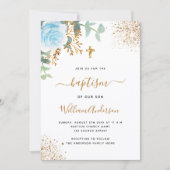 Taufe Eukalyptusgrün Blau Goldblütenjunge Einladung (Vorderseite)