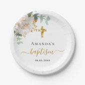 Taufe Eukalyptusgrün Blütengoldkreuz Pappteller (Vorderseite)