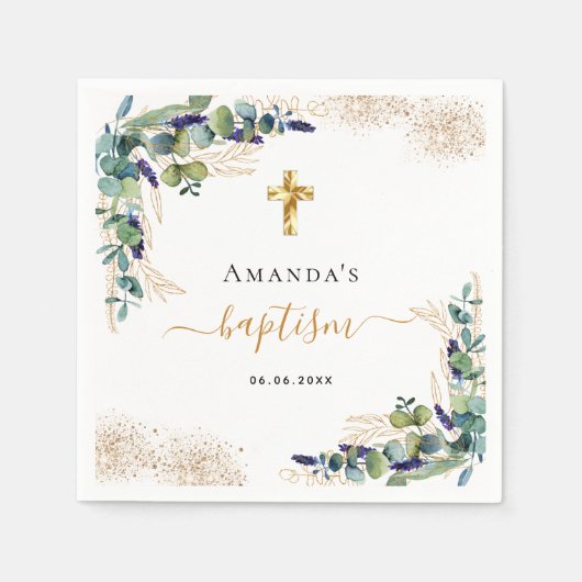 Taufe Eukalyptusgrün Glitzer Name Junge Serviette (Vorderseite)