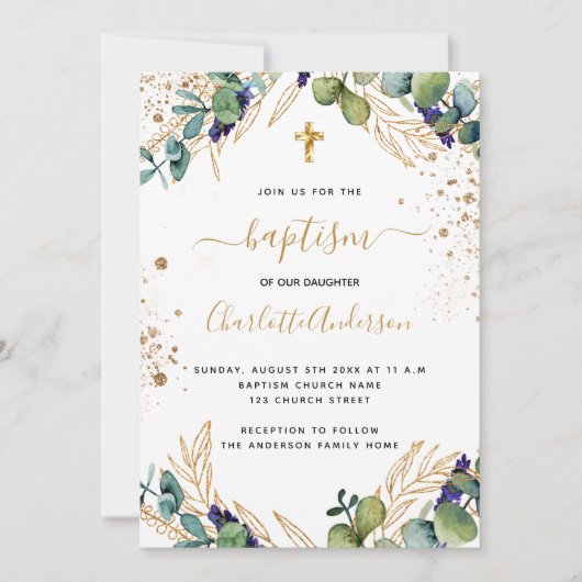 Taufe Eukalyptusgrün Goldschrift Einladung (Vorderseite)