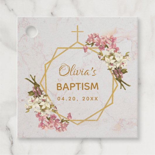 Taufe Floral Gold Rosa Orchideen Marble Geometric Geschenkanhänger (Vorderseite)