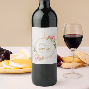 Taufe Floral Gold Rosa Weiße Orchideen Marmor Weinetikett