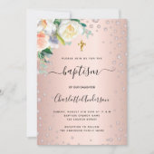 Taufe florale Rose goldfarbenes Mädchen elegant Einladung (Vorderseite)