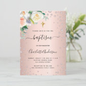 Taufe florale Rose goldfarbenes Mädchen elegant Einladung (Stehend Vorderseite)