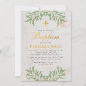 Taufe Foliage Imitats Gold Cross Kalligraphie Marm Einladung (Vorderseite)