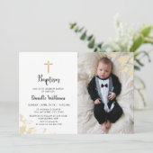 Taufe | Foto Black Gold Strip Einladung (Stehend Vorderseite)