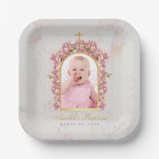 Taufe Foto Blumengoldverzierter Arch Rosa Orchidee Pappteller (Vorderseite)