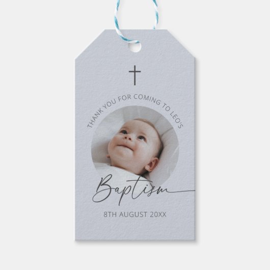Taufe Foto Danke Dusky Blue Geschenkanhänger (Vorderseite)