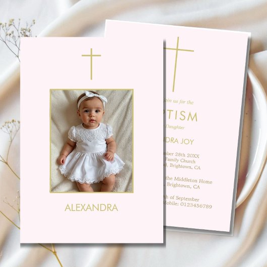 Taufe Foto Gold Pink Girls Religiös Einladung