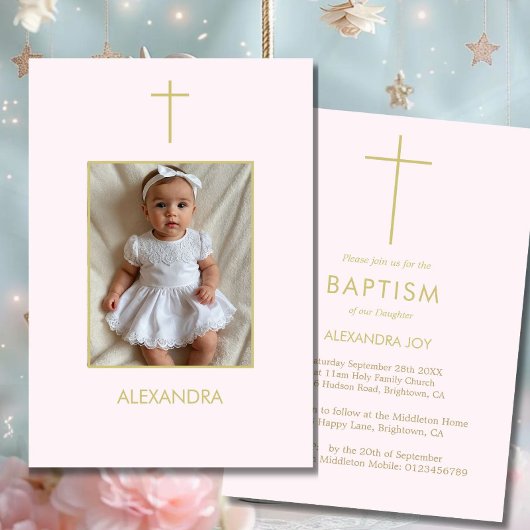 Taufe Foto Gold Pink Girls Religiös Einladung