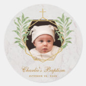 Taufe Foto Grüne Botanische geometrische Marmor Runder Aufkleber (Vorderseite)