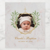 Taufe Foto Grüne Botanische geometrische Marmor Weinetikett (Einzelnes Label)