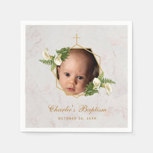 Taufe Foto Marmor Floral Calla Lilies Gold Serviette (Vorderseite)