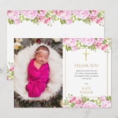 Taufe Foto Pink Rose Floral Dankeskarte (Vorne/Hinten)