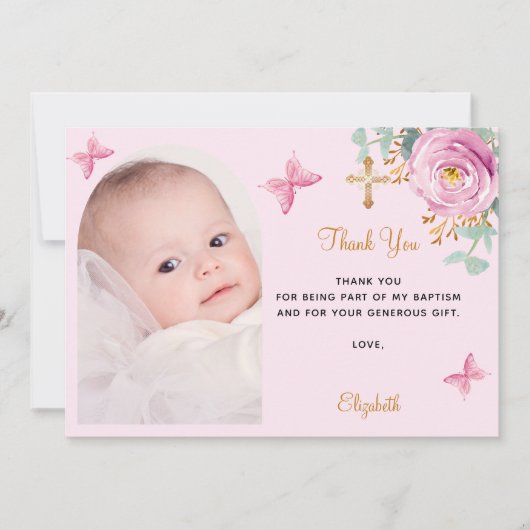 Taufe Foto Rosa Rosa Dankeskarte (Vorderseite)