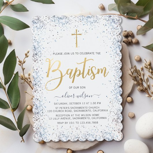 Taufe für Aquarellblau und Goldjungen Einladung