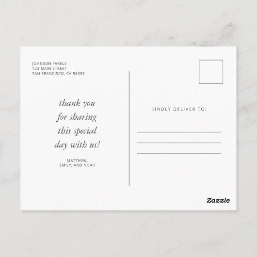 Taufe für Ihm Modernes und einfaches Foto Vielen D Postkarte (Rückseite)