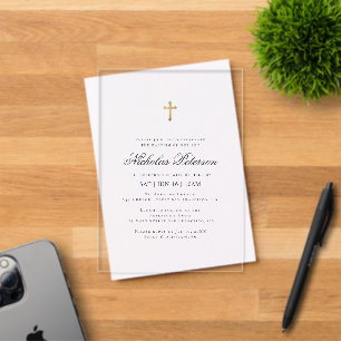 Taufe für ihn   Minimalistisches goldenes Kreuz Acryleinladungen