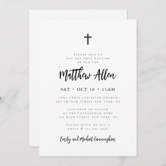 Taufe für ihn Modernes Minimalistisches Kreuz Einladung (Vorne/Hinten)