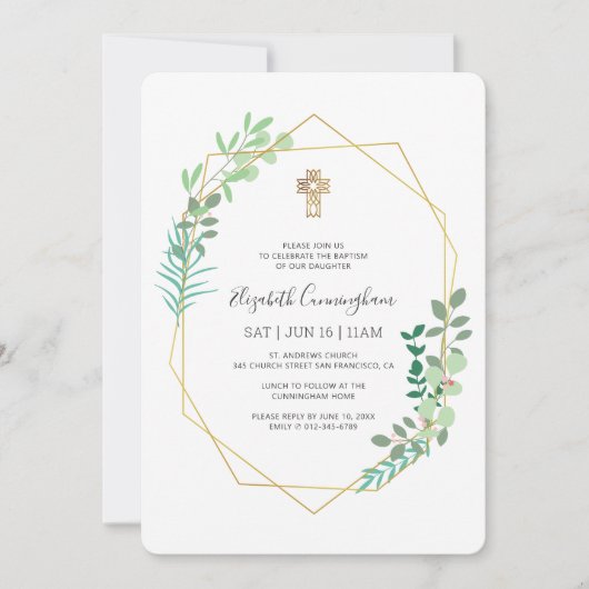 Taufe für ihr geometrisches Foliage Gold Cross Einladung (Vorderseite)