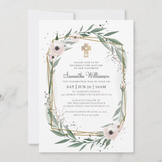 Taufe für ihr modernes geometrisches Blumenkreuz Einladung (Vorderseite)