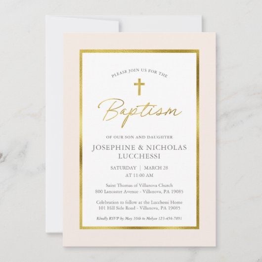 Taufe für klassische Creme und Gold Script Einladung (Vorderseite)