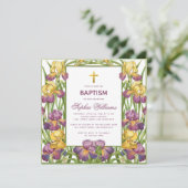 Taufe für Mädchen Lila Gelbe Iris Gold Cross Blora Einladung (Stehend Vorderseite)