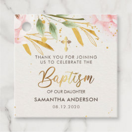 Taufe für Mädchen mit goldener und rosa Wasserfarb Geschenkanhänger