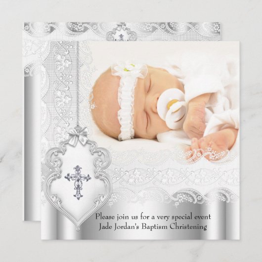 Taufe für Mädchen oder Junge Silbermedaille Foto K Einladung (Vorne/Hinten)