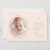 Taufe für Mädchen Rosa Imitate Gold Foto im Blumen Dankeskarte (Vorderseite)