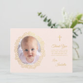 Taufe für Mädchen Rosa Imitate Gold Foto im Blumen Dankeskarte (Stehend Vorderseite)