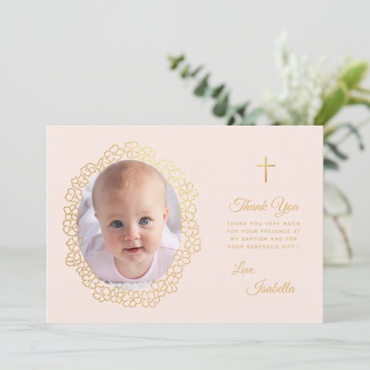 Taufe für Mädchen Rosa Imitate Gold Foto im Blumen Dankeskarte (Stehend Vorderseite)
