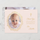 Taufe für Mädchen Rosa Imitate Gold Foto im Blumen Dankeskarte (Vorne/Hinten)
