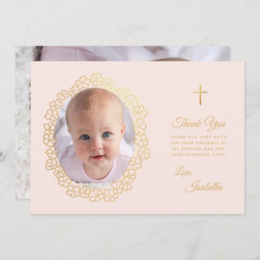 Taufe für Mädchen Rosa Imitate Gold Foto im Blumen Dankeskarte (Vorne/Hinten)
