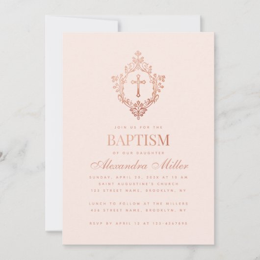 Taufe für Mädchen Rosa Rosa Rose Goldkreuz in Wapp Einladung (Vorderseite)