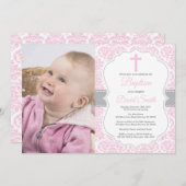 Taufe für Mädchen Rosa und Grau Damask Einladung (Vorne/Hinten)