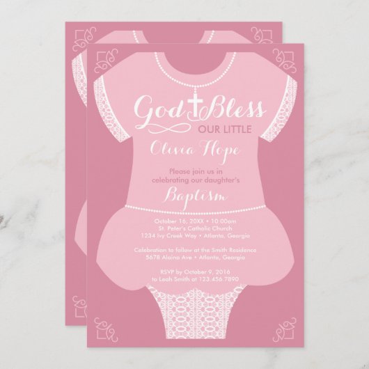Taufe für Mädchen, Rosa und Spitzen Einladung (Vorne/Hinten)