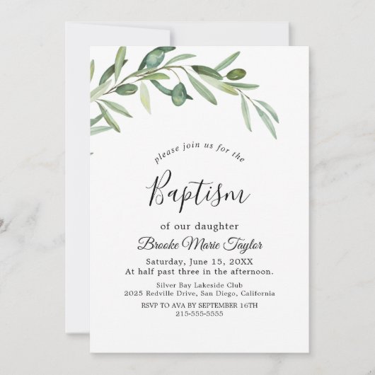 Taufe für moderne Olivenzweige Einladung (Vorderseite)