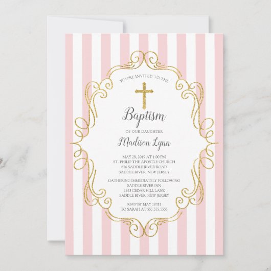 Taufe für Rosa und Goldrahmen-Girls Einladung (Vorderseite)