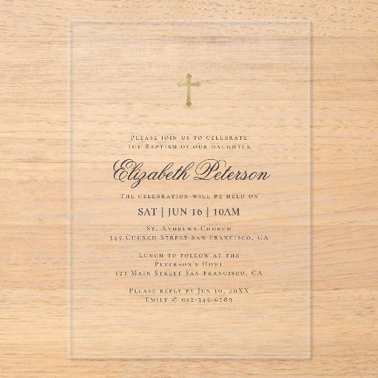 Taufe für sie | Minimalistisches Goldkreuz Acryleinladungen (Vorderseite)