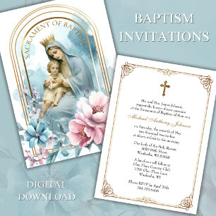 Taufe Gesegnete Mutter Jesus Rosa Blau Floral Einladung